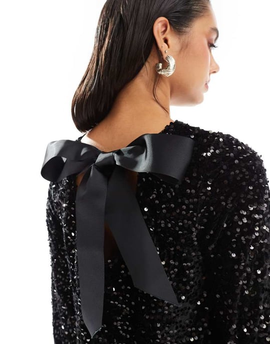 Pieces sequin mini dress with ribbon bow back in black - Image 2