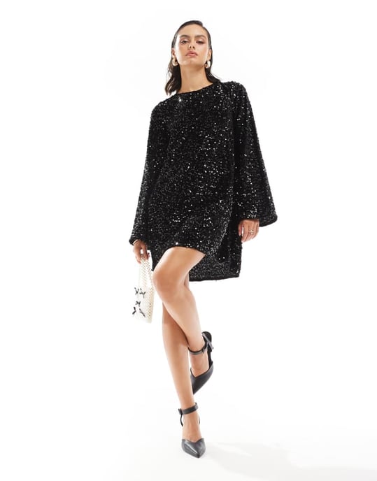 Pieces sequin mini dress with ribbon bow back in black - Image 3