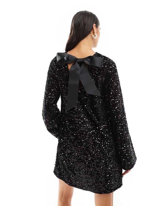 Pieces sequin mini dress with ribbon bow back in black - Image 4
