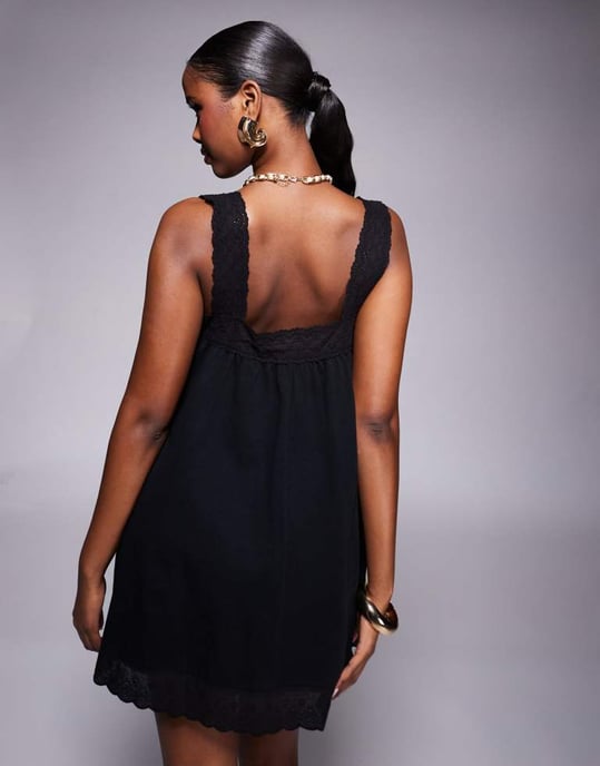 ASOS DESIGN square neck lace insert smock mini dress in black - Image 4