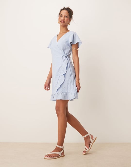 Vila jersey broderie wrap mini dress in kentucky blue - Image 3