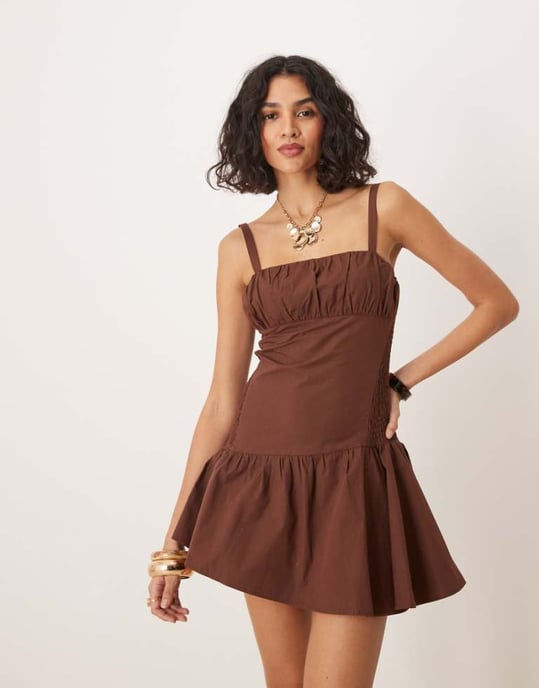 ASOS DESIGN shirred bodice cami mini dress in chocolate - Image 1