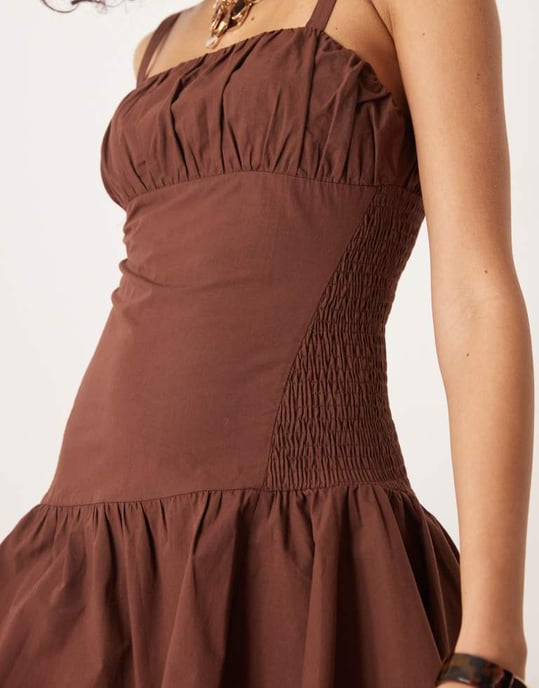 ASOS DESIGN shirred bodice cami mini dress in chocolate - Image 2
