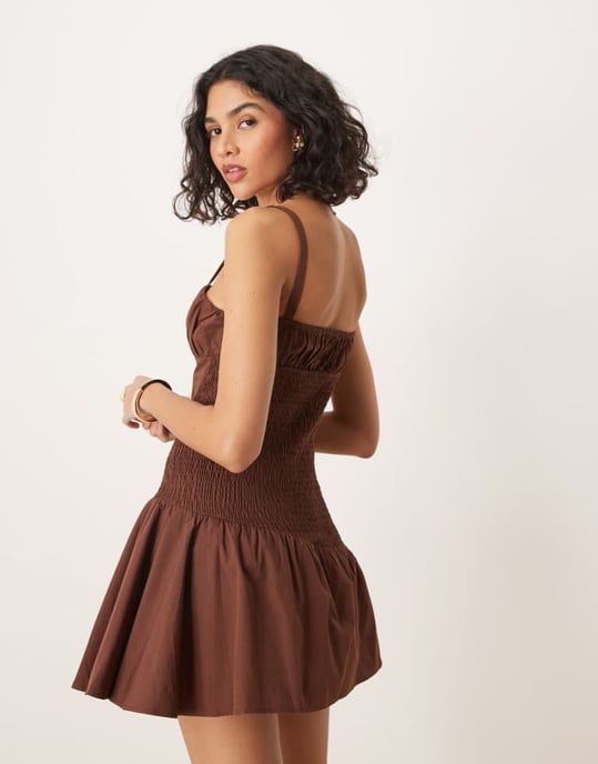 ASOS DESIGN shirred bodice cami mini dress in chocolate - Image 4