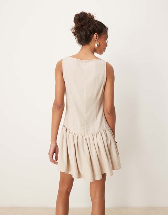 ASOS DESIGN linen blend drop waist mini dress in mocha - Image 4