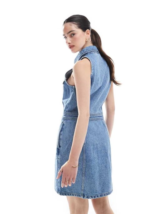 Dr Denim Kinsley button front sleeveless collar mini dress in mid wash blue - Image 2