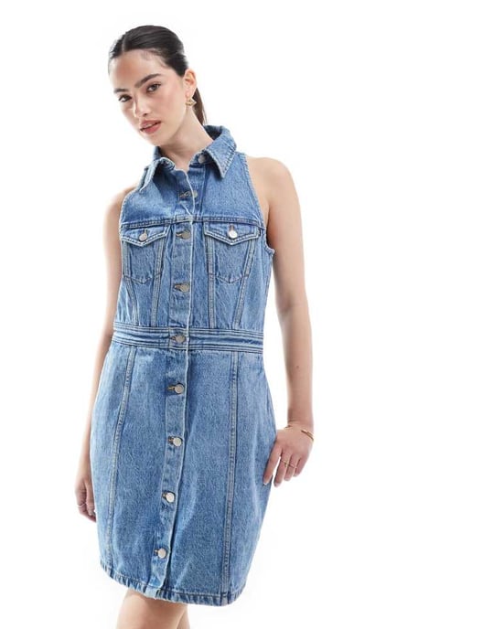 Dr Denim Kinsley button front sleeveless collar mini dress in mid wash blue - Image 3