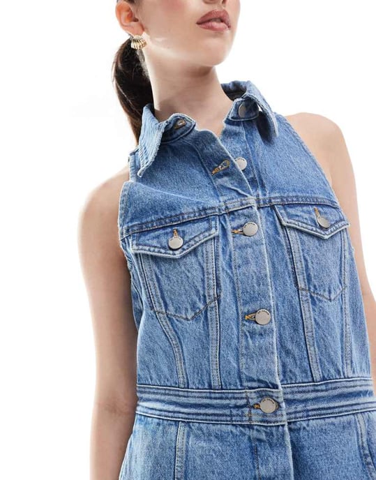Dr Denim Kinsley button front sleeveless collar mini dress in mid wash blue - Image 4