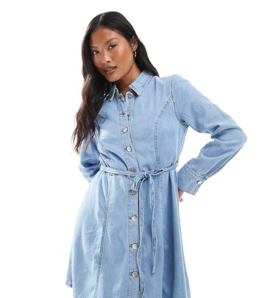 JDY Petite tie waist denim mini dress in light blue wash - Image 1
