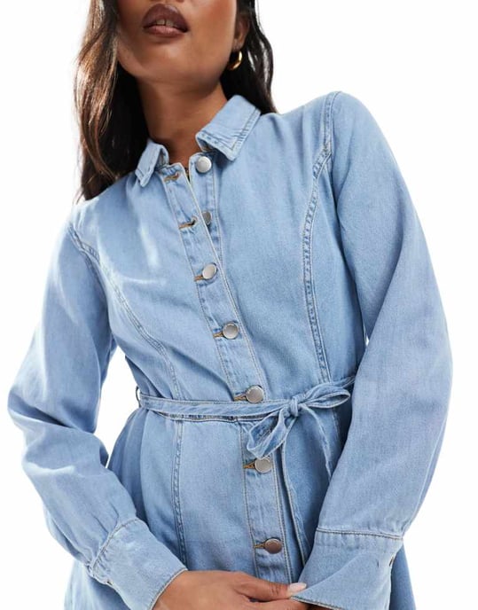 JDY Petite tie waist denim mini dress in light blue wash - Image 3