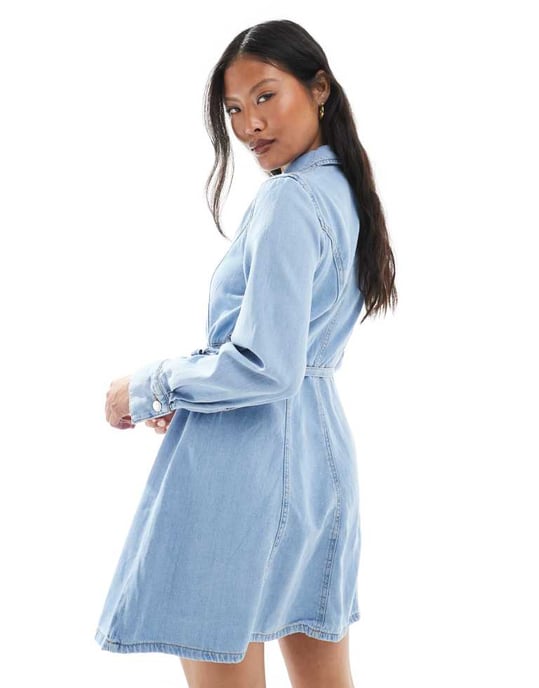 JDY Petite tie waist denim mini dress in light blue wash - Image 4