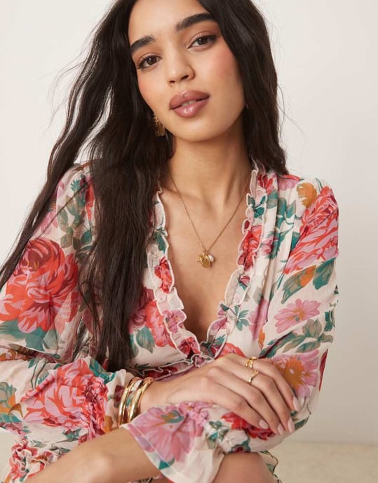 Vila chiffon frill detail mini dress in red rose print - Image 2