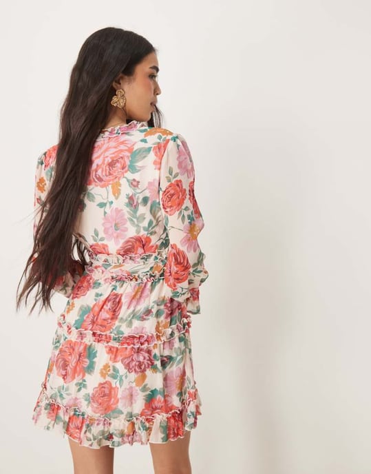 Vila chiffon frill detail mini dress in red rose print - Image 3