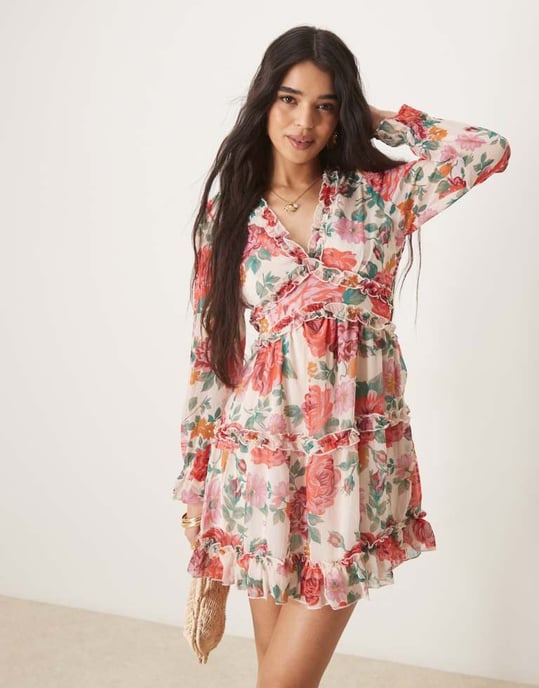 Vila chiffon frill detail mini dress in red rose print - Image 4