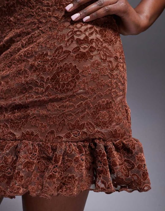 ASOS DESIGN lace V front mini dress with frill hem in chocolate - Image 3