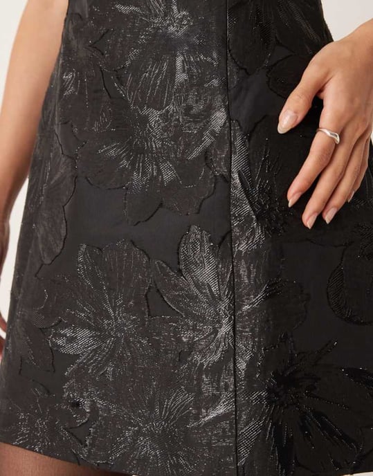 Forever New structured embroidered mini dress in black - Image 4