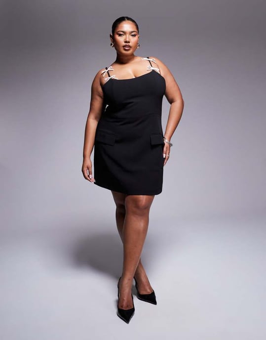 Kaiia exclusive Plus tailored contrast bow detail cami mini dress in black - Image 3