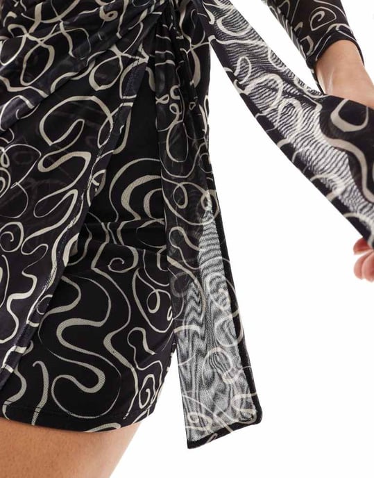 ASOS DESIGN high neck asymmetric wrap mini dress in mono swirl print - Image 2