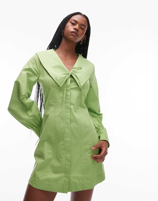 Topshop poplin feminine collar seamed mini dress in green - Image 1