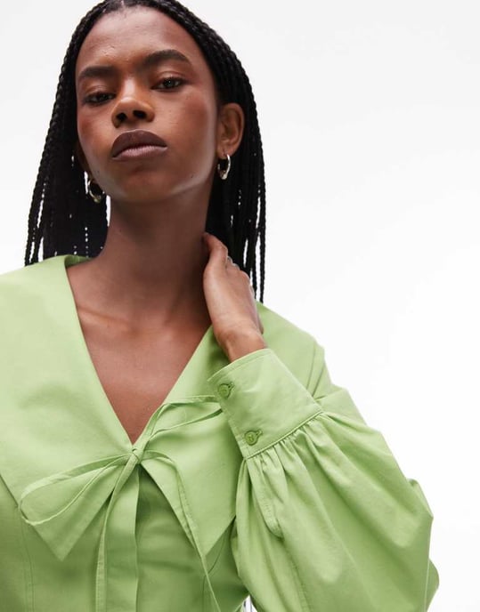 Topshop poplin feminine collar seamed mini dress in green - Image 2