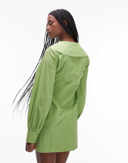 Topshop poplin feminine collar seamed mini dress in green - Image 4