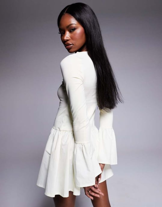 ASOS DESIGN flute sleeve poplin mix mini dress in buttermilk yellow- YELLOW - Image 4