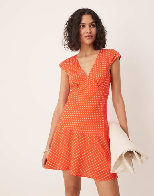 ASOS DESIGN v neck flutter sleeve mini dress in red polka dot print - Image 1