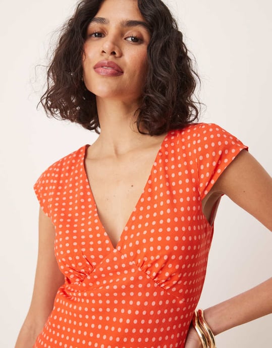 ASOS DESIGN v neck flutter sleeve mini dress in red polka dot print - Image 3