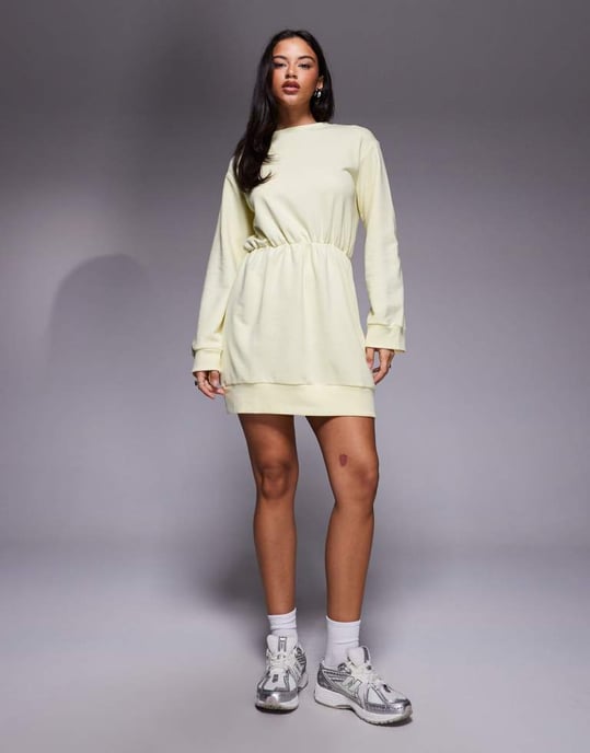 ASOS DESIGN gathered waist mini sweat dress in yellow - Image 3
