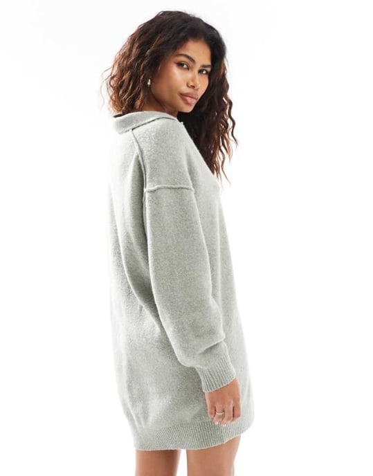 Veckodag Tahlia polo krage stickad miniklänning i salviagrön melange exklusiv för ASOS - Image 4