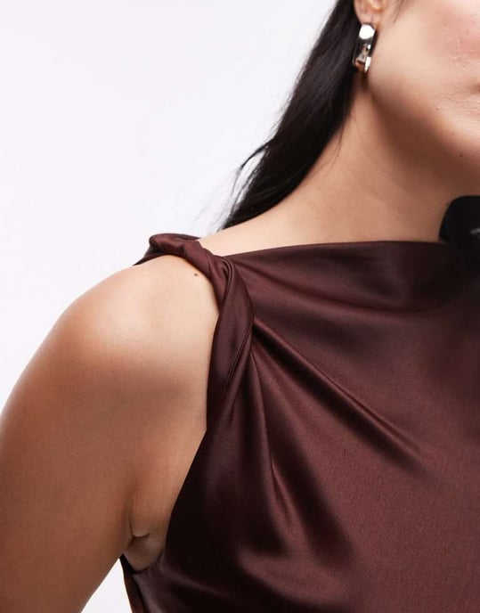 Topshop twist shoulder slip mini dress in bitter chocolate - Image 4