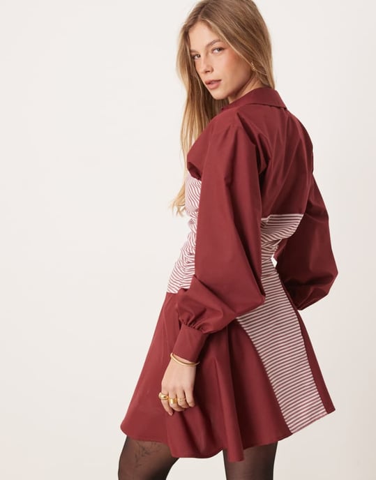 ASOS DESIGN rynkad panel mini skjortklänning i bordeauxrandig blandning - Image 4