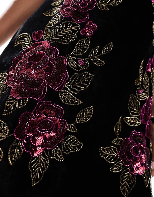 ASOS DESIGN blomsterprydd sammet mini klänning i svart - Image 3