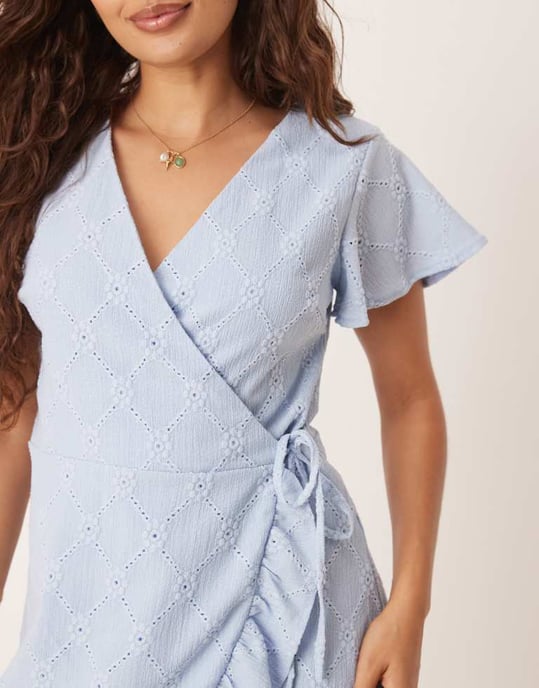 Vila Petite jersey broderie wrap mini dress in kentucky blue - Image 3