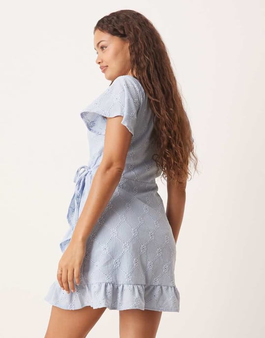 Vila Petite jersey broderie wrap mini dress in kentucky blue - Image 4