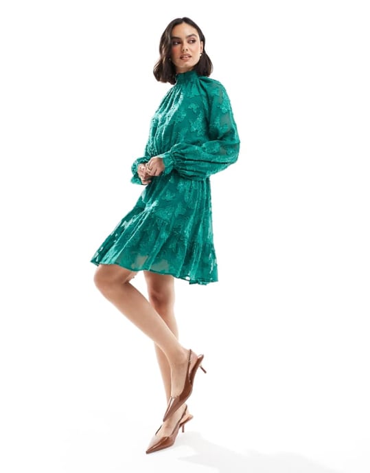 ASOS DESIGN höghalsskjol med stora ärmar i jacquard i grangrön - Image 1