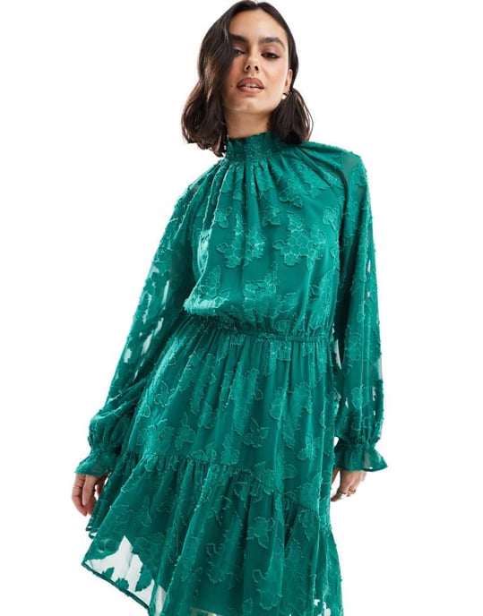 ASOS DESIGN höghalsskjol med stora ärmar i jacquard i grangrön - Image 3