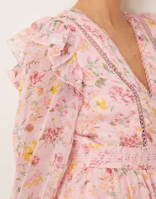 Vila ladder lace frill detail mini dress in peach floral print - Image 3