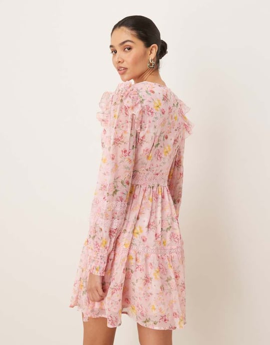 Vila ladder lace frill detail mini dress in peach floral print - Image 4
