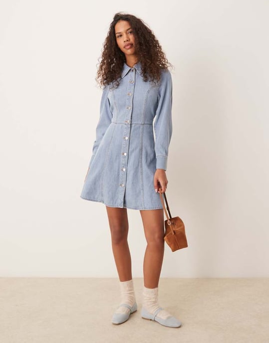 JDY belted denim mini dress in light wash blue - Image 3