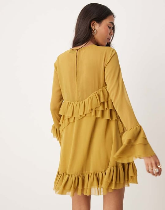ASOS DESIGN långärmad volang lager mini klänning i ockra - Image 2
