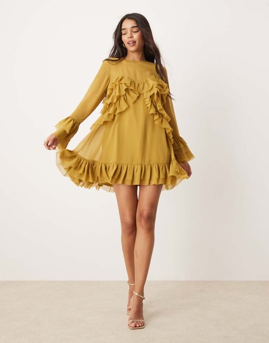 ASOS DESIGN långärmad volang lager mini klänning i ockra - Image 4