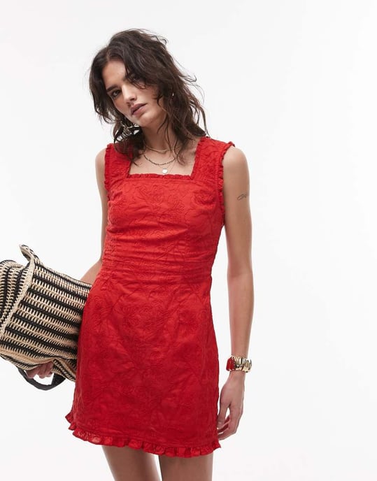Topshop square neck embroidery mini dress in red - Image 2