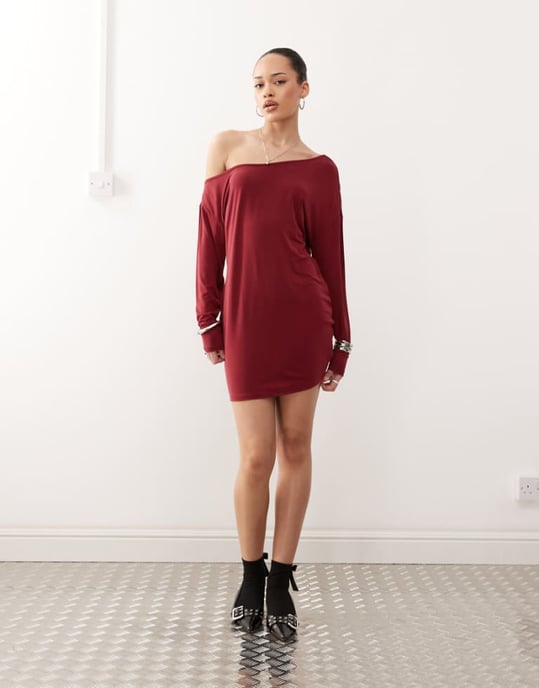 Motel shelisa off-shoulder slouchy mini dress in burgundy - Image 1