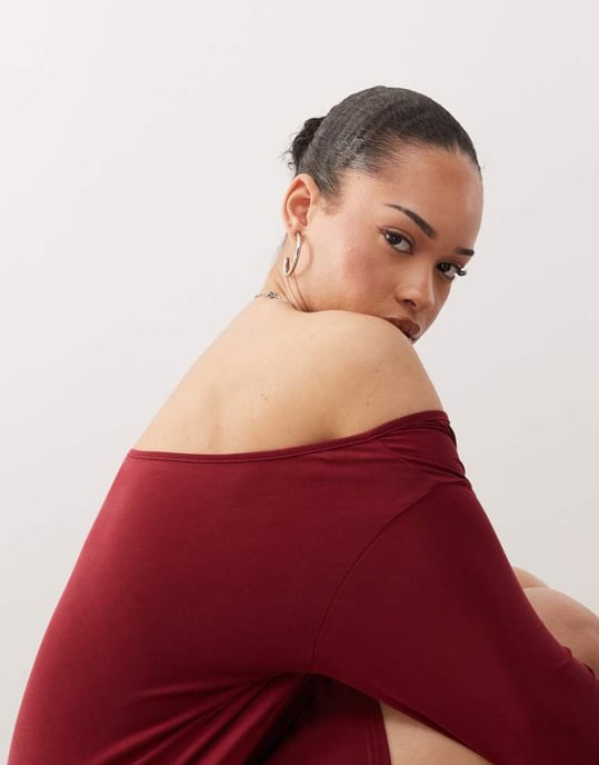 Motel shelisa off-shoulder slouchy mini dress in burgundy - Image 3