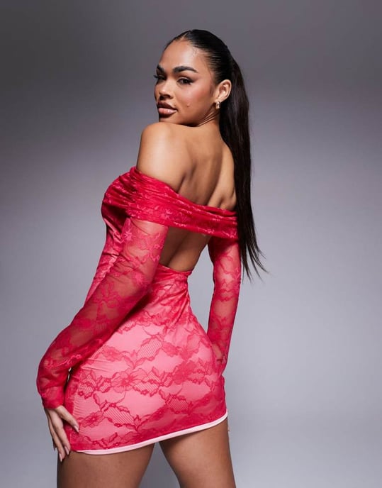 ASOS DESIGN spets 90-tals långärmad bardot mini klänning med kontrasterande överdel i rosa - Image 4