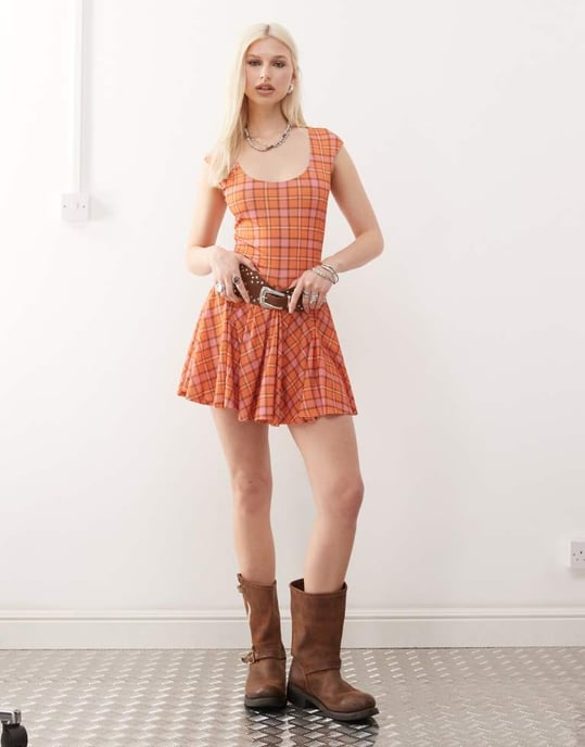 COLLUSION check mini dress in orange - Image 2