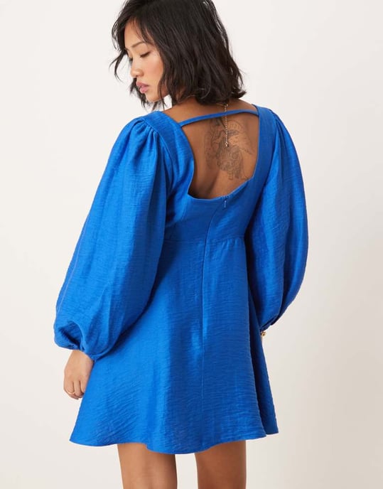 Nobody's Child Petite Loredana balloon sleeve a-line mini dress in blue - Image 3