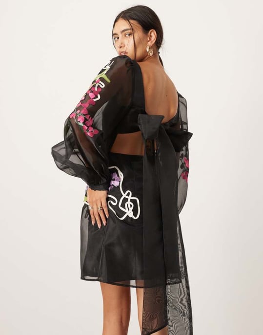 ASOS EDITION organza långärmad broderad knytning mini-klänning i svart - Image 3