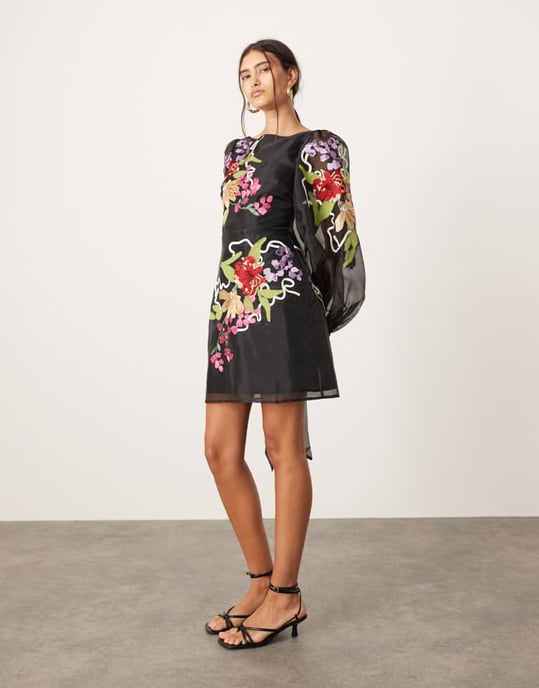 ASOS EDITION organza långärmad broderad knytning mini-klänning i svart - Image 4